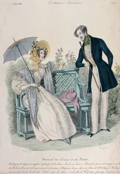 Woman with umbrella and man in frock coat in a garden, fashion plate from Journal des Dames et des Modes, 5 June, 1836