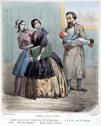 Women leaving their husbands to look after children while they go to their club, 1848