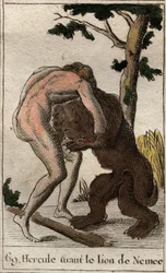Works of Hercules: Hercules killing the lion of Nemea. From “Mythology of Youth” by Pierre Blanchard 1803.