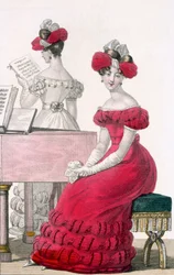 Young Woman in a Crepe Evening Dress with an Elaborate Headdress, Advertisement in Modes de Paris, c.1825