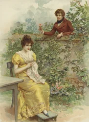 Young woman, approached by suitor with flower over wall