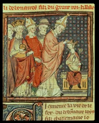 The Coronation of Louis I the Pious (778-840) Holy Roman Emperor by Pope Stephen IV at Reims in 816, from the Grandes Chroniques de France, 1375-79