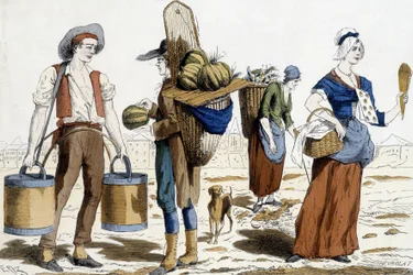 Illustration of Paris costumes in the 18th century: water carrier, merchant of melons, chiffonnier, merchant of pleasures