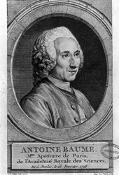 Portrait of Antoine Baumé (1728-1804), French chemist and pharmacist. Apoticaire de Paris. Engraving from 1772