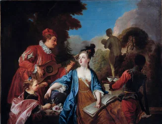 Taste it in a park. Young people of the nobility get served tea in the garden by a young black servant. Painting of the French School. 18th century