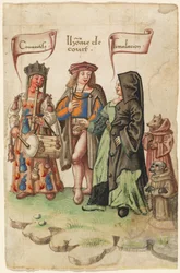 A Courtier Standing Between Covetousness and Dissimulation (fol. 14 recto)