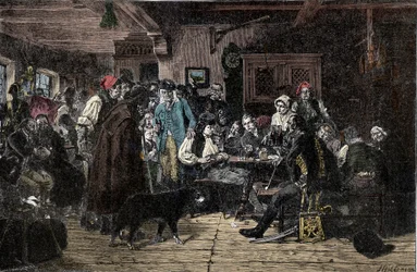 Silesian War: Recruiting for the Silesian Army - Silesia Wars (1740-1763): Recruiting the troops of Frederic II of Prussia, known as the Great - 1882 - Woodcut by Hiddemann, Friedrich