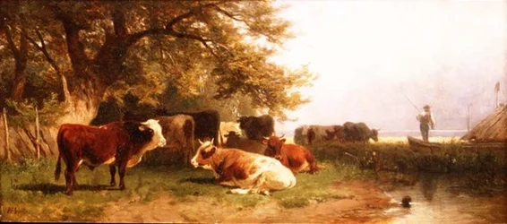 Cattle watering in a landscape