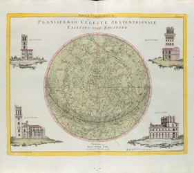 Cosmographic Table of the Northern Celestial Planisphere cut at the equator, engraving by G. Zuliani taken from Tome I of the Newest Atlas published in Venice in 1777 by Antonio Zatta