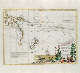 New discoveries made in 1775, 67 and 69 in the South Seas, engraving by G. Zuliani taken from Tome I of the Newest Atlas published in Venice in 1776 by Antonio Zatta