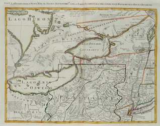 Pennsylvania, New York, southern New Jersey, with the western part of Connecticut, Massachusetts Bay and Land of the Iroquois, engraving by G. Zuliani taken from Tome I of the 