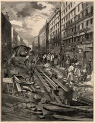 The Belleville funicular, laid the track, rue de Belleville in 1894. Engraving after M.G. de Burgrraff