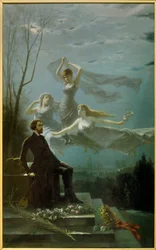 Romanticism: “The Nights of Musset”. The French poet Alfred de Musset (1810-1857) is inspired by the Muses to write “The Nights”. Painting by Gabriel Aimable de la Foulhouze (1825-1887). 1886. Clermont-Ferrand. Roger