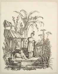 A Seated Chinese Man and a Woman Carrying a Fish, ca. 1742