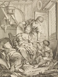 Young Woman Feeding her Infant, from Premier Livre de Sujets et Pastorales