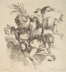 Three Children Among Clouds Near a Palm Leaf