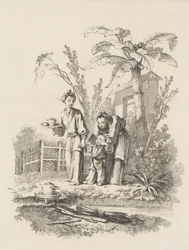 Two Women Leading a Child toward a Teapot on a Table near a Pond