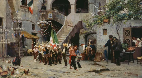 Long live the king, procession of children with Italian flag