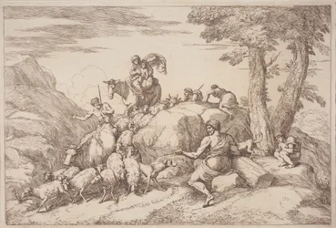 A Pastoral Journey with a Mother and Child on Horseback and an Elderly Shepherd Seated