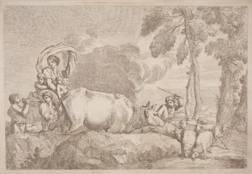 A Woman with Two Children on Horseback