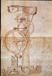 Clock a weighing pendulum studied by Galileo Galilei in 1638 to measure time. Drawing. Florence, National Library