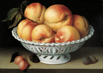 Peaches in a Pierced White Faience Basket