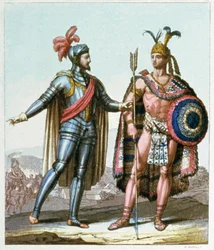 Hernan Cortes meeting Montezuma II in 1519