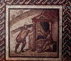 Gallo Roman Art: mosaic paving representing a rustic calendar. Wicker work and braiding baskets. End 2nd, beginning of 3rd century after JC. From Saint-Romain-en-Gal (Rhone)