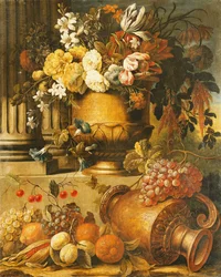 A Corncob and an Overturned Pitcher by an Obelisk and Two Fluted Columns in Landscapes