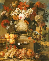 Flowers in Urns on Plinths with Fruit