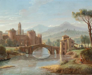 A River Landscape with a Bridge Leading to a Fortified Town