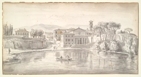 Church and Houses along a River