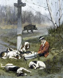The hunter and his sleepy dogs - engraving by Gaston Gelebert