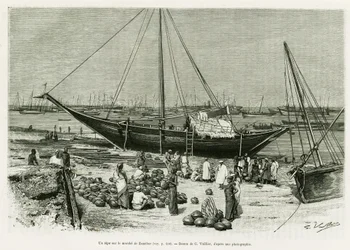 A tepe on the Zanzibar market (Tanzania). Engraving by G.Vuillier, to illustrate the story 