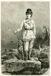 Portrait of Madame Marie De Ujfalvy-Bourdon, in travel dress, with her dog, married to ethnologist linguist and explorer Charles Eugene Ujfalvy. Engraving by G.Vuillier.