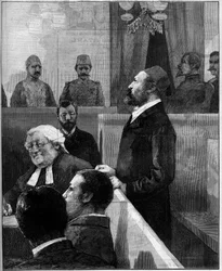 Trial of the Egyptian Arabi Pasha, organizer of the anti-European riot of Alexandria in June 1882. Engraving by Vuillier in 