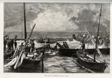 Tuna fishing (mattanza): the death chamber, tuna presses in a tight space are covered by the harpoons of the fishermen. Engraving and story 