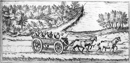 Coach with passengers in France, detail of a map, late 16th century