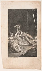 Illustration with a lady playing the lute for a gentleman in a tent