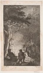 Illustration with Figures around a Bonfire