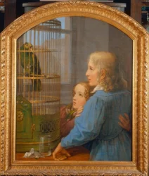Two Children in Front of a Parrot Cage