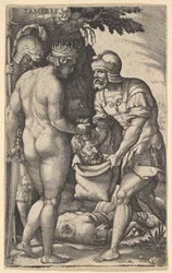 Tomyris, Shown Nude from Behind, Placing the Head of Cyrus into a Sack Held by a Soldier