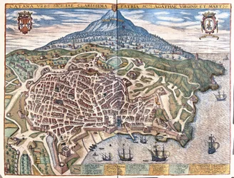 Catania, with Etna in the background, Sicily, Italy (engraving)
