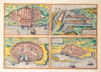 Map of Cagliari, Malta, Rhodes and Famagusta from Civitates Orbis Terrarum