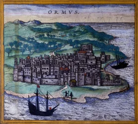 The Iranian island of Ormuz or Hormuz on the route to the Indes after the Atlas Civitates Orbis Terrarum of Braun and Hogenberg
