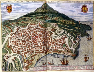 View of Catania and Etna in Sicily. Atlas of Braun & Hogenberg. 1585, Amsterdam