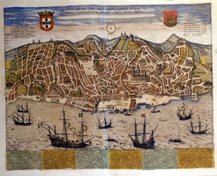 View of Lisbon at the end of the 16th century. Atlas Civitates Orbis Terrarum by Braun & Hogenberg