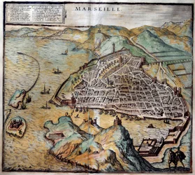 View of the City of Marseille with Street Map. Engraving from the Atlas de Braun and Hogenberg, 1572
