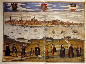 View of the city of Rostock, Germany. Engraving from the Atlas of 