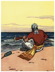 A pirate abandons on a deserted island looks at the horizon line (Illustration from 